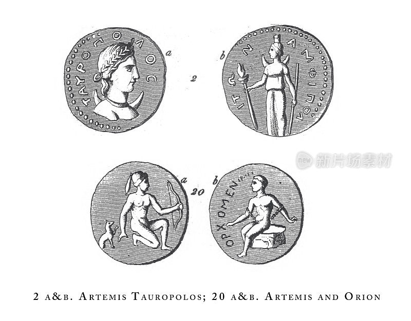 阿耳忒弥斯和猎户座，古典传说和神话人物雕刻古董插图，1851年出版