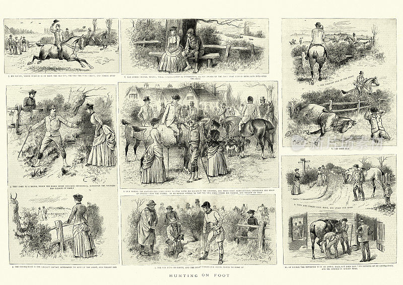 19世纪维多利亚人徒步狩猎的滑稽素描