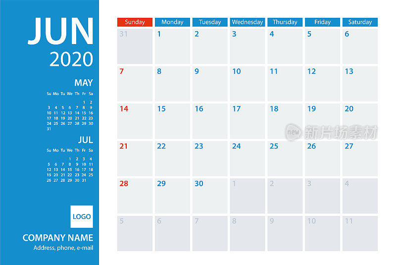 2020年6月日历规划师矢量模板。一周周日