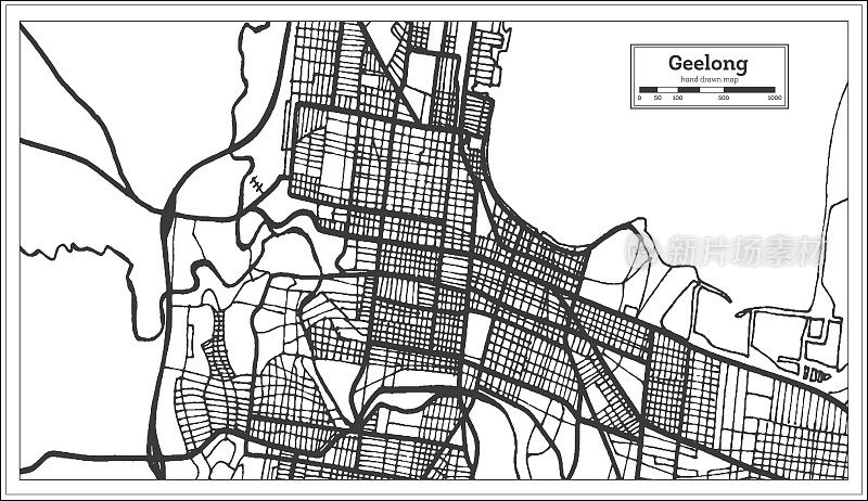 澳洲吉隆市黑白地图。略图。