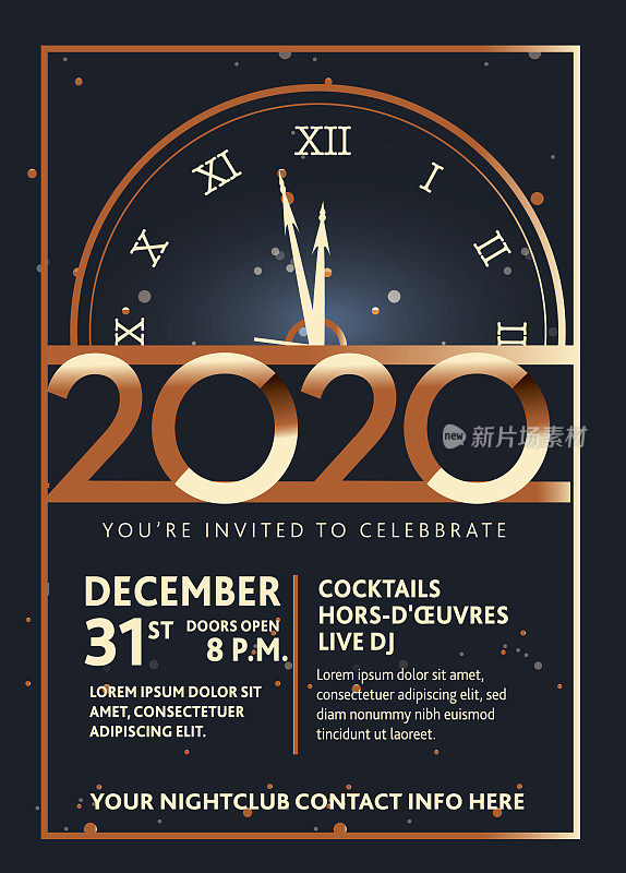 新年快乐2020派对邀请设计模板与钟面敲响午夜在金属黄金与闪光