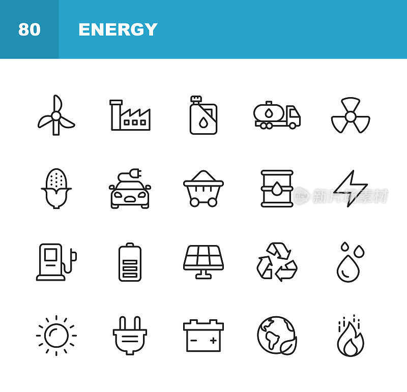 能源和电源图标。可编辑的中风。像素完美。移动和网络。包含诸如能源，电力，可再生能源，电力，电动汽车，煤，天然气，核能，电池，工厂，太阳，太阳能，火等图标。