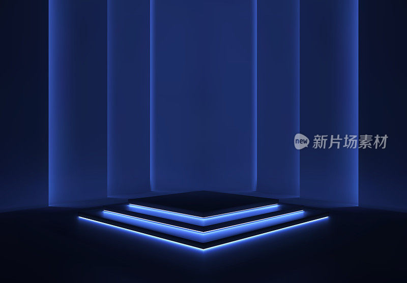 霓虹灯三步照亮的场景。深蓝色背景上的光滑讲台。霓虹灯的磨砂反射。显示的房间。向量。