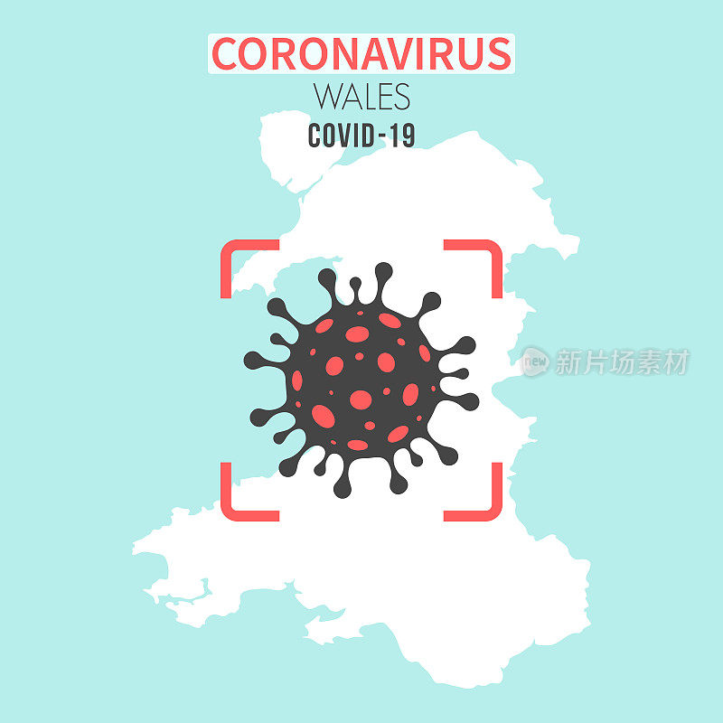 威尔士地图，红色取景器显示冠状病毒(COVID-19)细胞