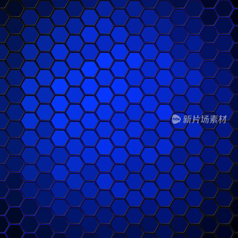 六角形瓷砖覆盖表面后的蓝色辉光。蜂窝图案与单独照明的形状。梯度。
