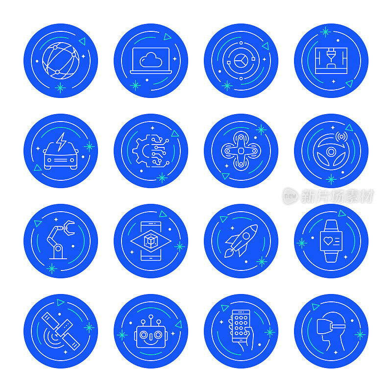 一组技术和创新相关的线图标。可编辑的中风。简单的轮廓图标。