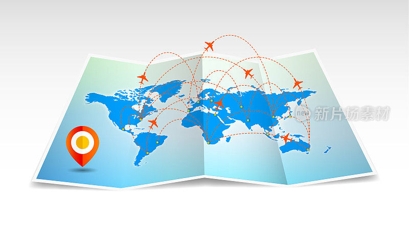 矢量世界地图折叠与全球航空公司孤立在白色背景