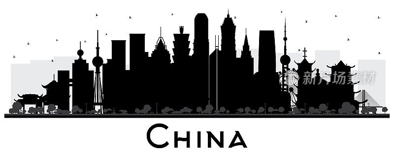 中国城市天际线轮廓与黑色建筑孤立在白色。中国的著名地标。
