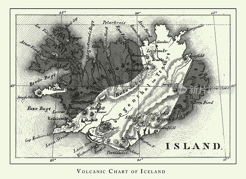 雕刻古玩，冰岛火山图，火山和火山形成雕刻古玩插图，1851年出版