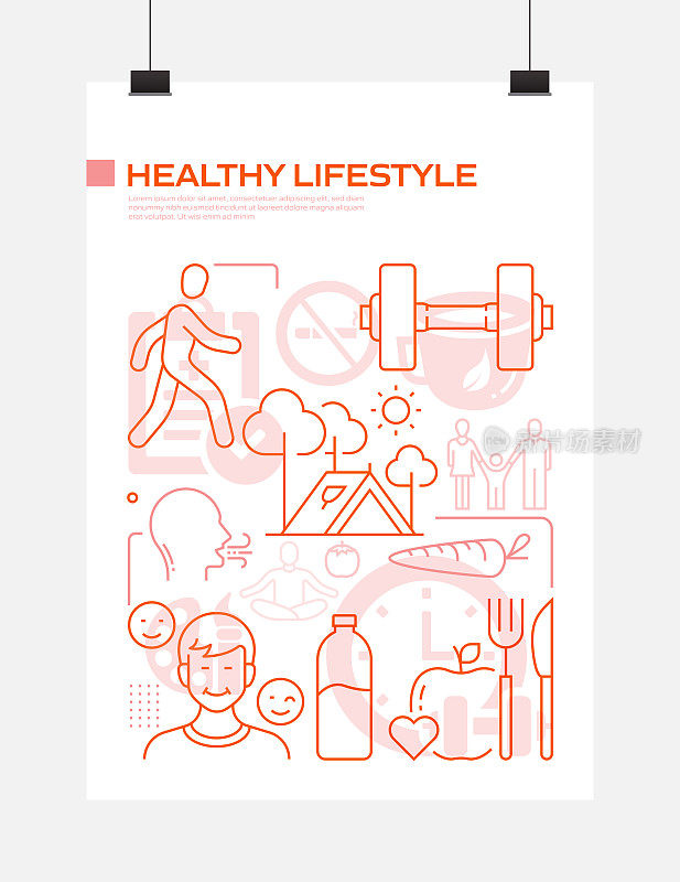 健康生活方式相关的现代线条风格矢量插图