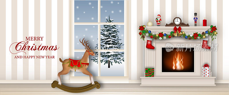挂着壁炉和摇摆驯鹿的圣诞横幅