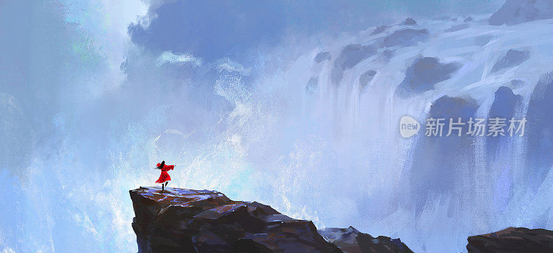 红剑客在瀑布前练习，数码绘画，3D插画。