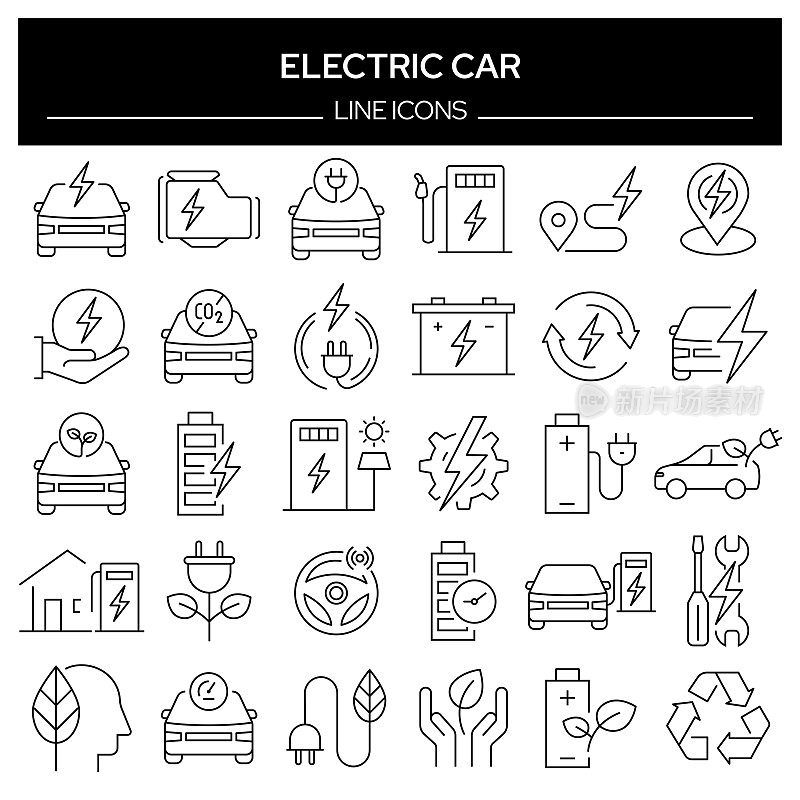 一组电动汽车相关的线图标。轮廓符号集合,可编辑的描边