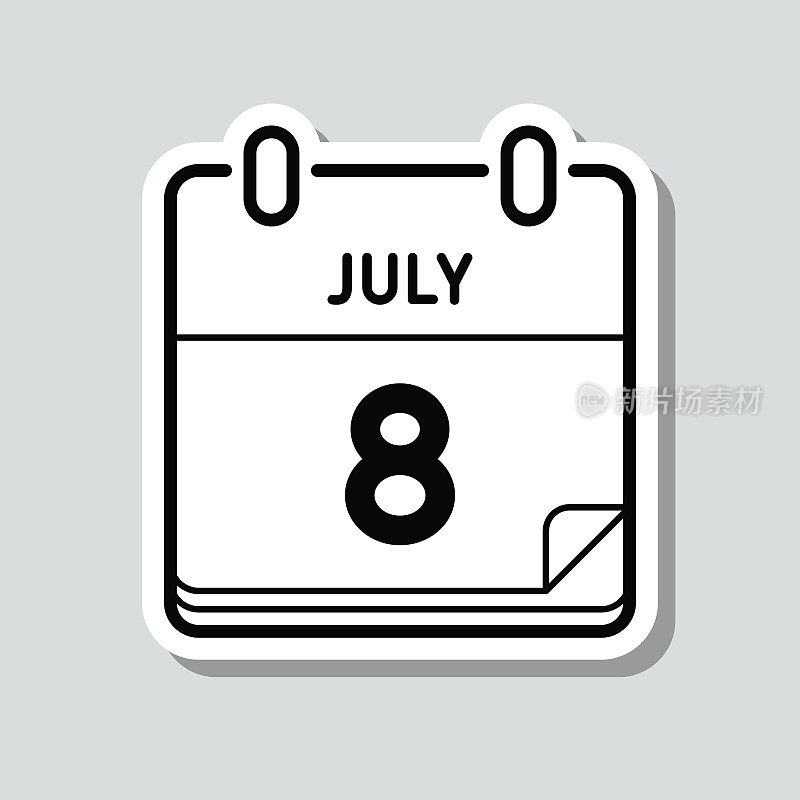 7月8日。灰色背景上的图标贴纸