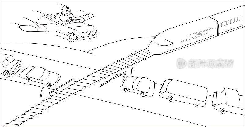 想象中的人克服了铁路道口的大堵车。单色插图