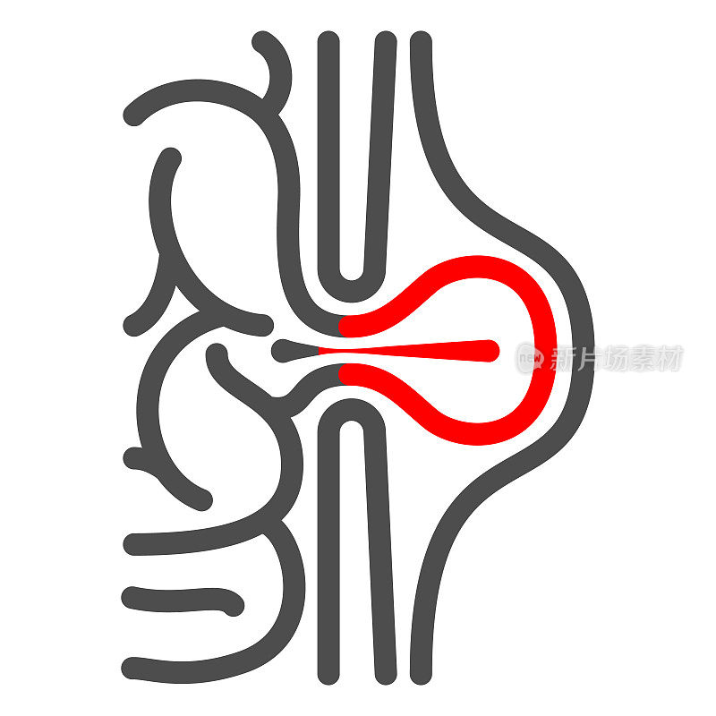 腹股沟疝线图标，人类疾病概念，疝标志在白色背景，腹膜炎图标在轮廓风格的移动概念和网页设计。矢量图形。