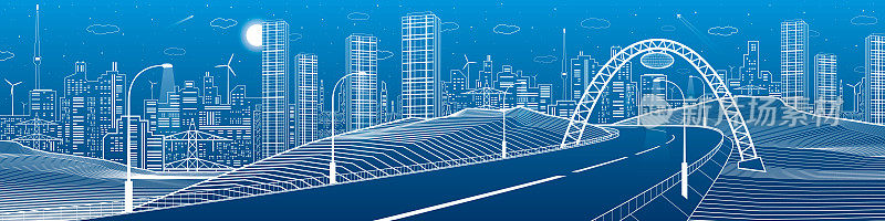 桥下的公路。现代夜城，霓虹灯城。基础设施概述插图，城市场景。蓝底白线。矢量设计艺术