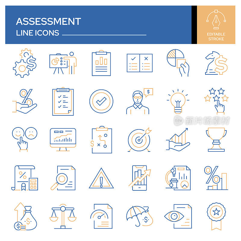 评估相关的线条图标集。轮廓符号集合，可编辑的描边