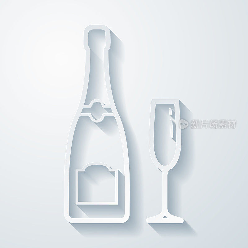 香槟酒瓶和玻璃杯。在空白背景上具有剪纸效果的图标