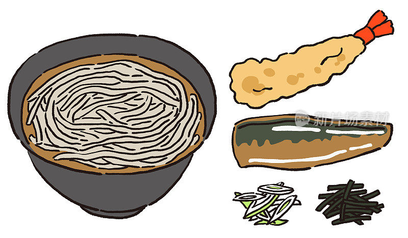 热荞麦面和配菜天妇罗荞麦面和西心荞麦面