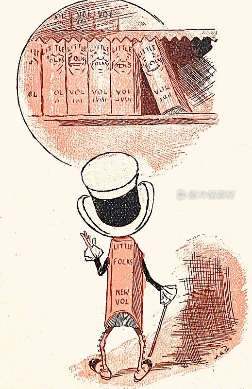 一本书简笔人物站在书架前，背面与烟囱帽