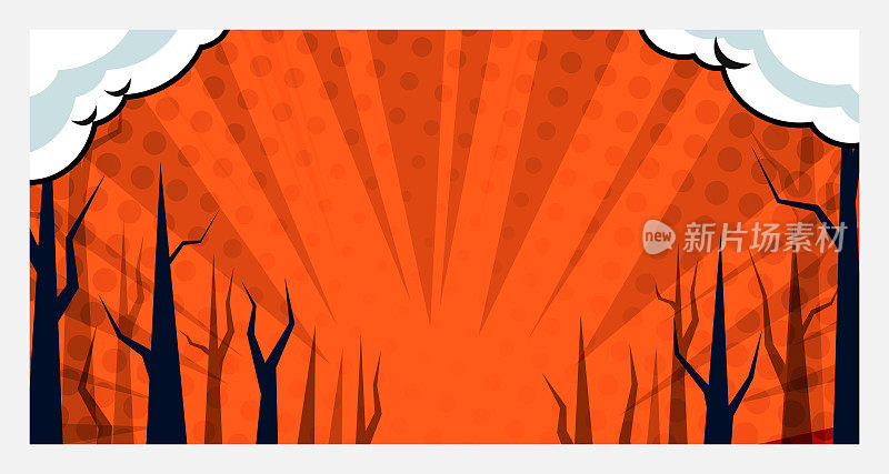 漫画风格的背景在橙色与树枝作为太阳爆发，星爆发或阳光。适合恐怖、恐怖、惊悚的主题