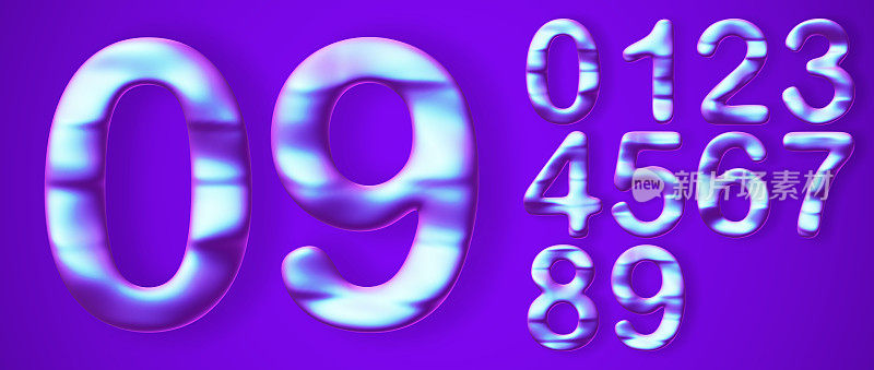 未来数字在加密货币，区块链或信息技术风格。蓝色背景上的数字0,1,2,3,4,5,6,7,8,9。