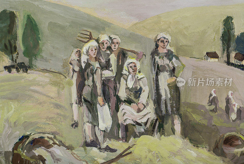 插画油画描绘了一组妇女在成熟的麦田和无边无际的天空的背景下收割庄稼的画面