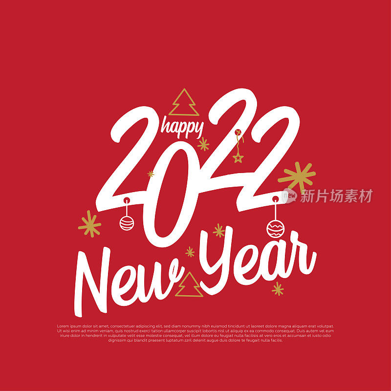 2022年新年快乐标志文字设计。设计模板，卡片，横幅，传单，网页，海报。红色背景下的金色星星