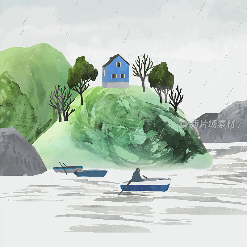 水彩矢量插图与人在船上。斯堪的纳维亚矢量景观与房子，树木，河流和船。雨天
