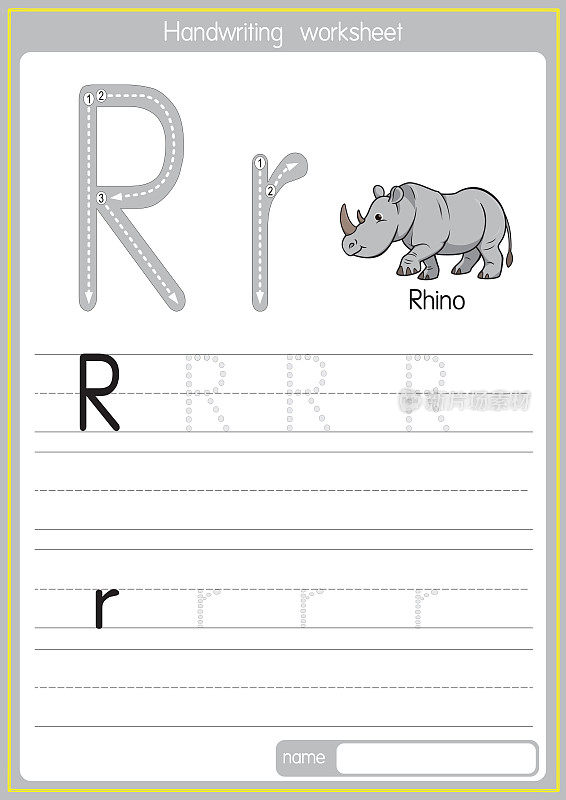 矢量插图犀牛与字母R大写字母或大写字母的儿童学习练习ABC