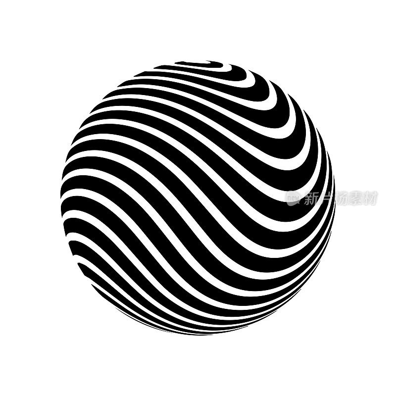 3d球体上的光学错觉。条纹的球体。幻觉效果。黑白3d艺术。矢量插图。