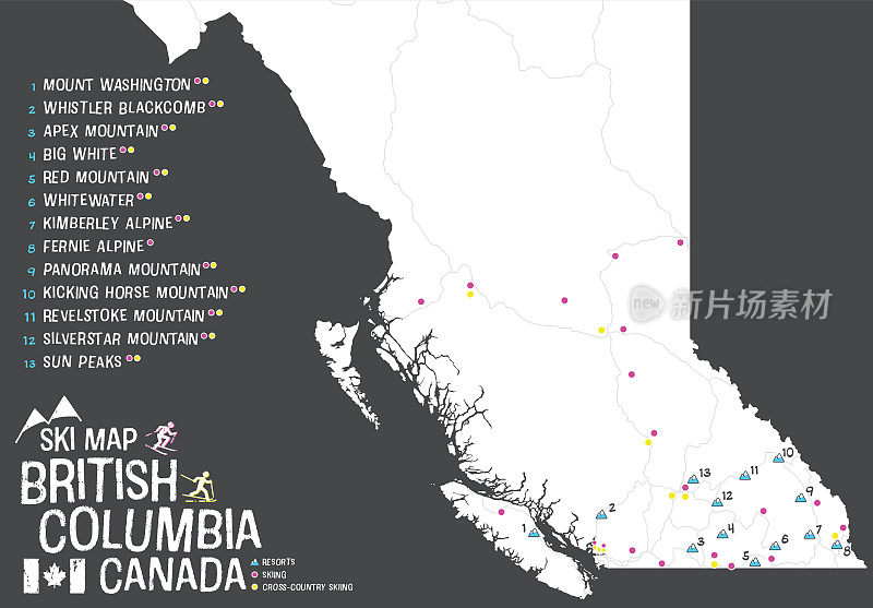 加拿大不列颠哥伦比亚省滑雪地图。