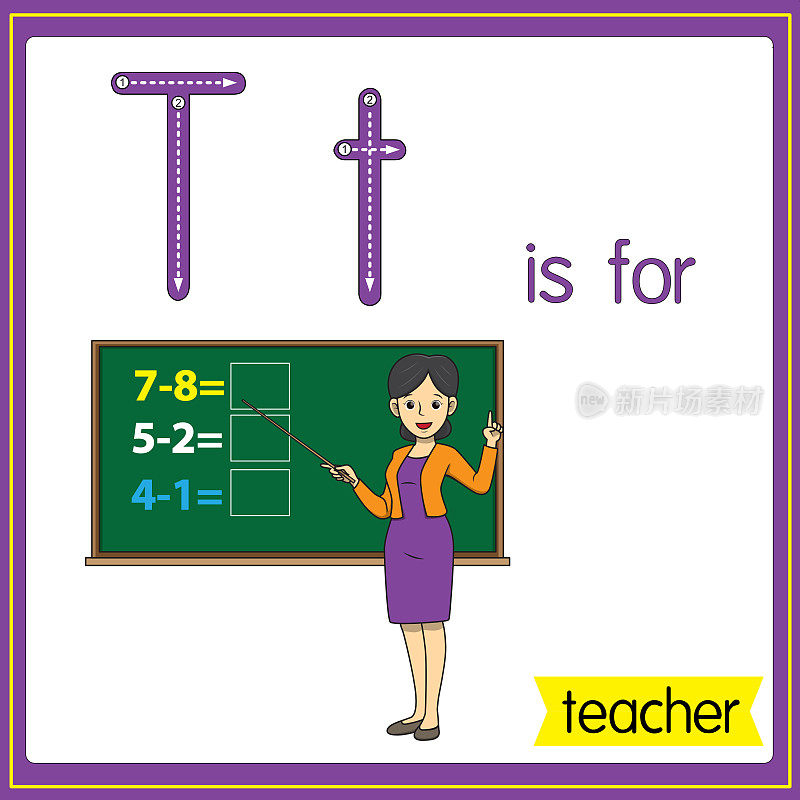 矢量插图学习字母为儿童与卡通形象。字母T代表老师。