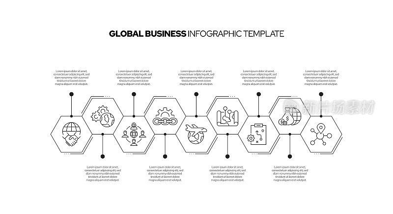 全球商业概念矢量线信息图形设计图标。9选项或步骤的介绍，横幅，工作流程布局，流程图等。