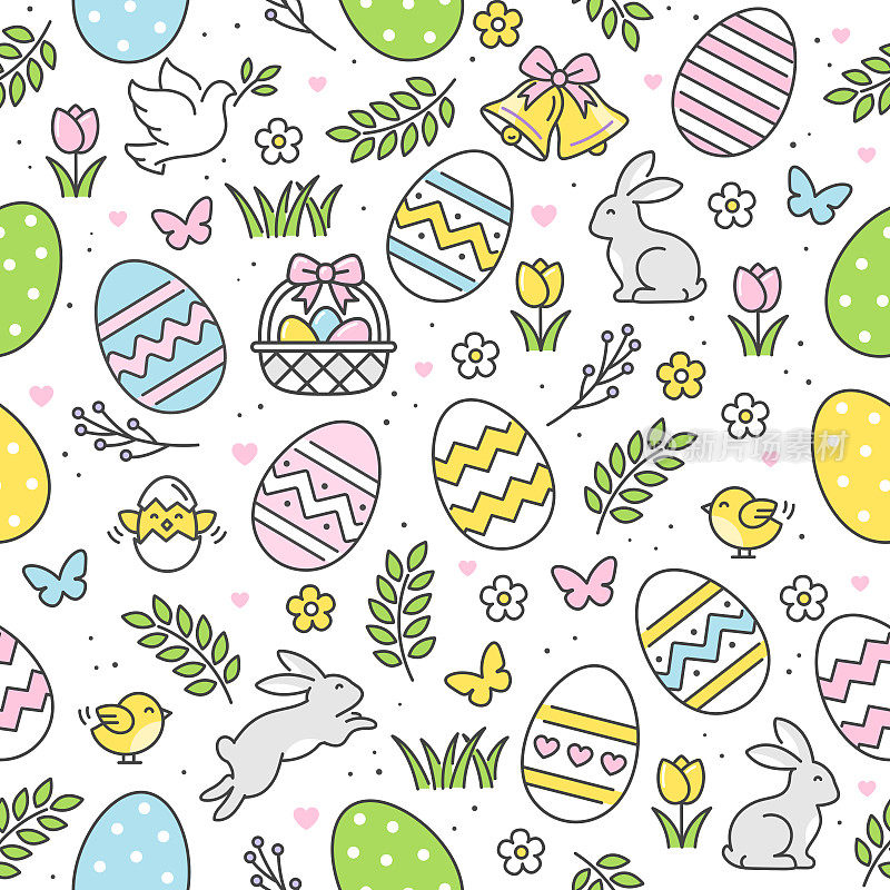 无缝图案复活节图标与彩色的蛋，花，兔子和蝴蝶。