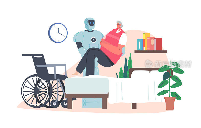 机器人把残疾妇女从轮椅抬到床上。残疾老年女性角色在家中使用Cyborg支持