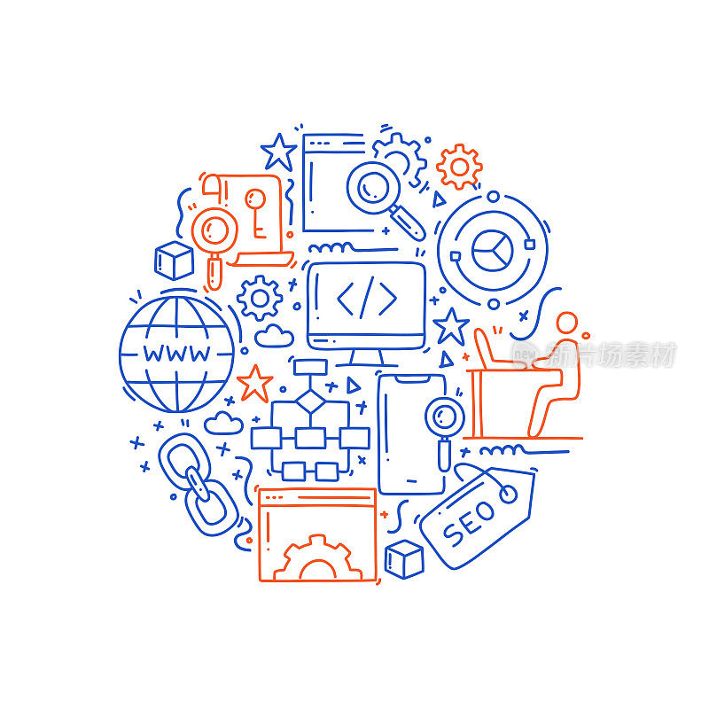 SEO相关的对象和元素。手绘矢量涂鸦插图集合。手绘图案设计