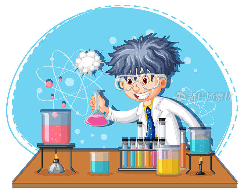 科学家男孩卡通人物与实验室设备