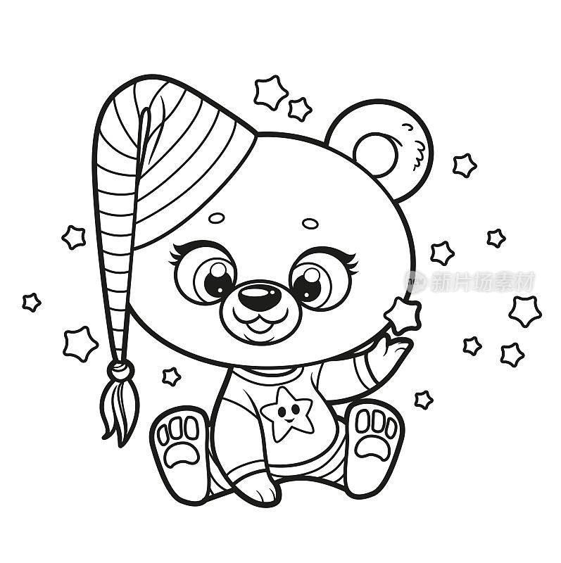 可爱的卡通泰迪熊，戴着帽子，穿着睡衣，白色的背景上画着星星的轮廓