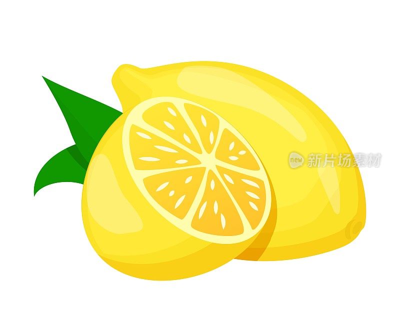 柠檬。图标卡通柠檬与叶子。切柠檬