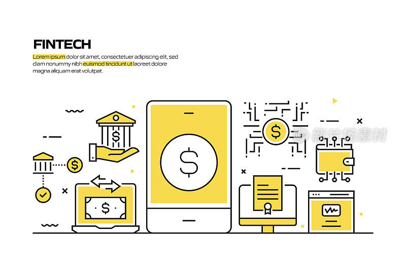 金融科技概念，线风格矢量插图