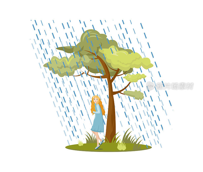 自然灾害、恶劣天气条件下的飓风、暴雨。躲在倾盆大雨中的女孩。抓着树躲避狂风的人。