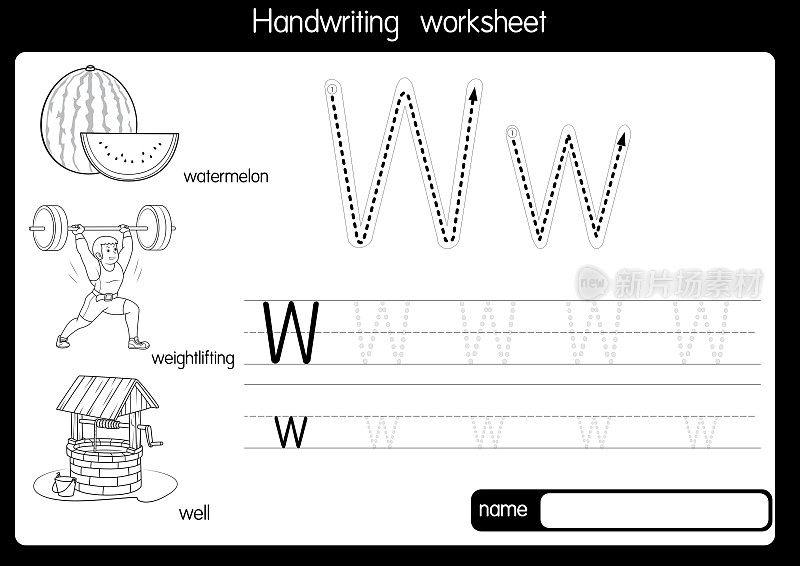 西瓜矢量插图与字母W大写字母或大写字母的儿童学习练习ABC