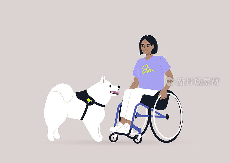 一个年轻的女性角色坐在轮椅上和一只小狗玩耍，这是一个友谊的概念