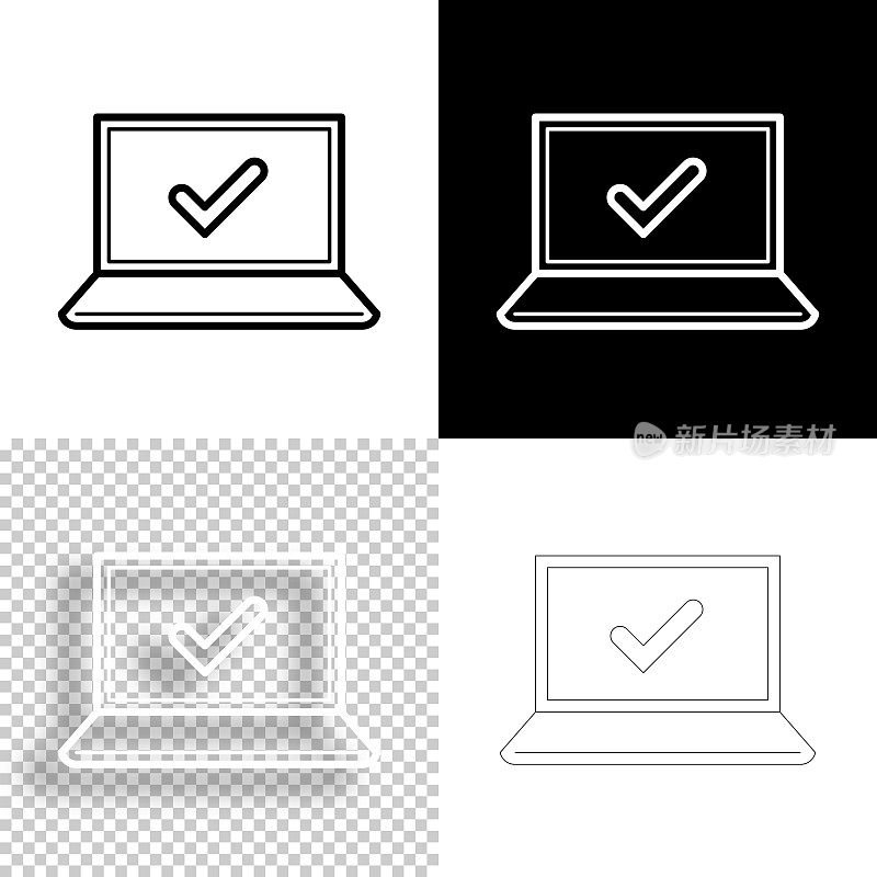 带有勾号的笔记本电脑。图标设计。空白，白色和黑色背景-线图标