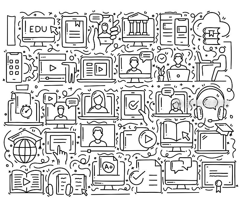 在线教育相关对象和元素。手绘矢量涂鸦插图集合。手绘图案设计