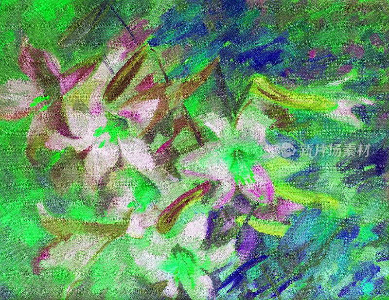 插图油画百合花风景花卉印象主义水平景观盛开白色花园百合在花坛