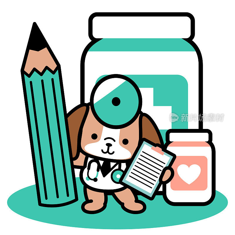 一个可爱的狗医生站在大药瓶前，手里拿着一支大铅笔和医疗记录