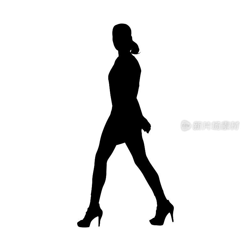 苗条性感的女人穿着高跟鞋走路，侧视。孤立的矢量剪影